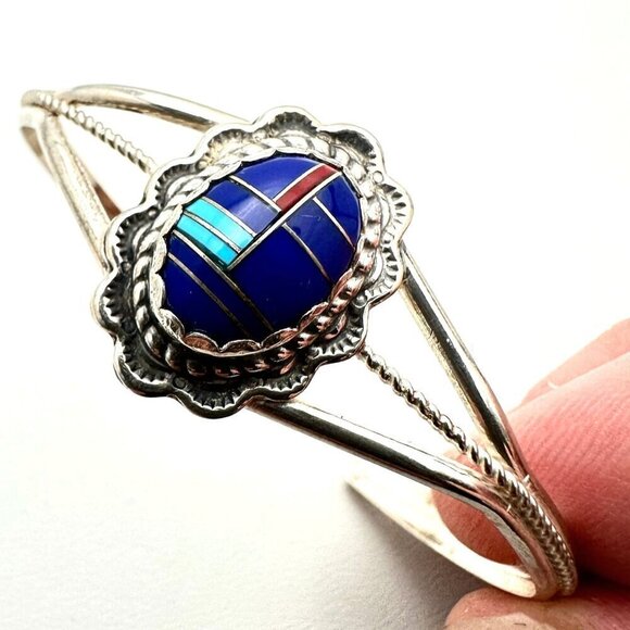 Southwest Womens Cuff Bracelet Sterling Silver Multi Gemstone Petite Size 6" - Picture 1 of 5